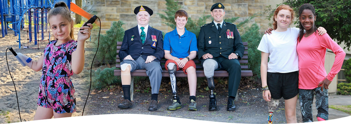 A collection of images showing amputees of all ages playing sports or doing activities, as well as a photo of two war amputee veterans.