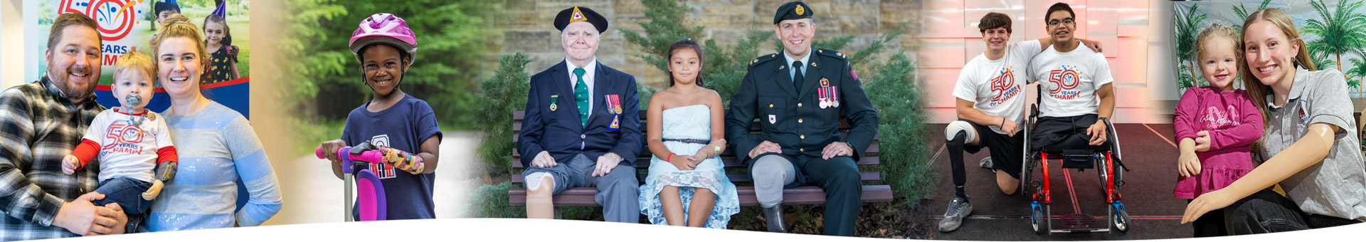 A collection of images showing young adult and child amputees, as well as two war amputee veterans.
