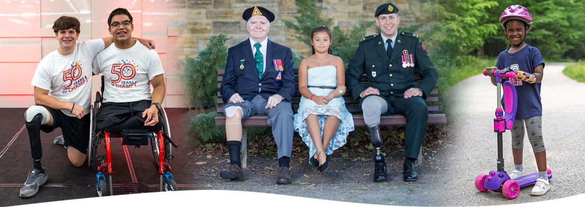 A collection of images showing young adult and child amputees, as well as two war amputee veterans.