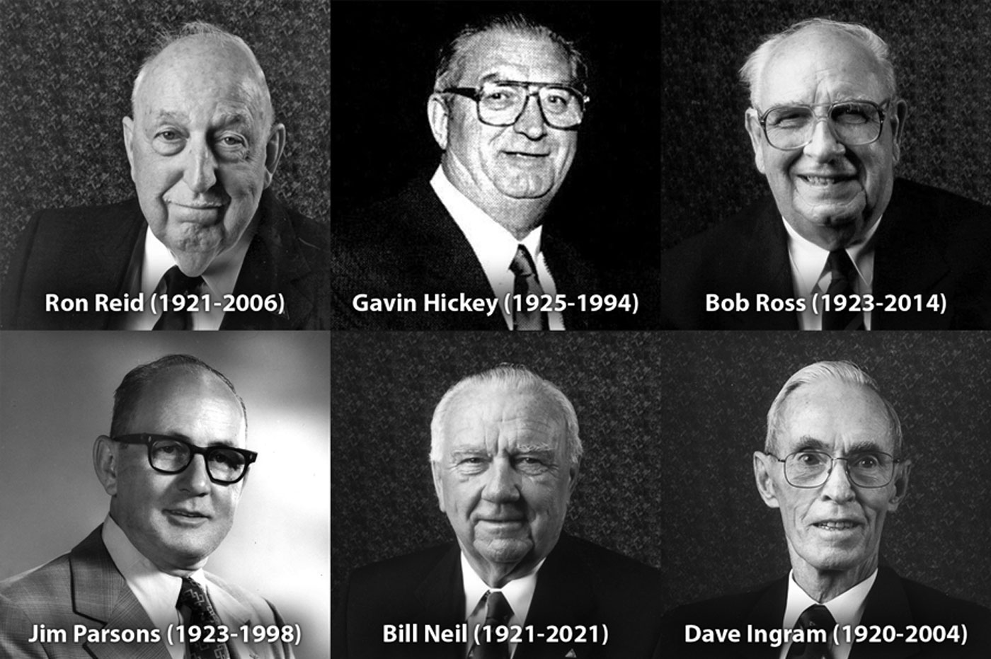 A black and white photo collage featuring six of The War Amps war amputee veteran members.